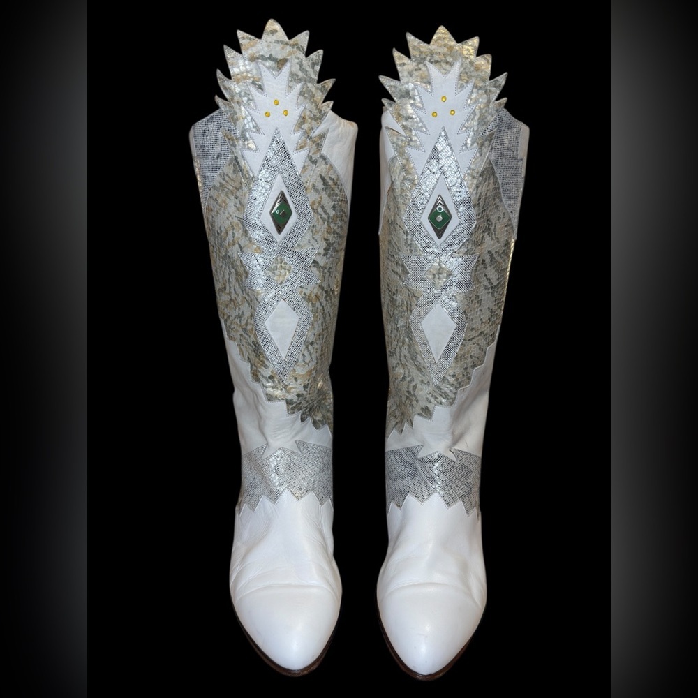 🌟 RARE Vintage Neiman Marcus White Western Tall Leather Boots Metallic sz 37.5 🌟 - Picture 2 of 13